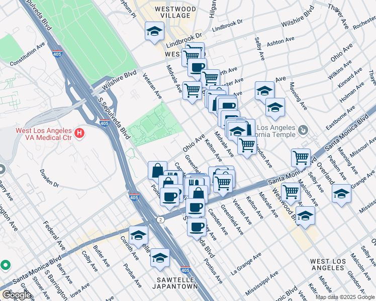 map of restaurants, bars, coffee shops, grocery stores, and more near 1527 Veteran Avenue in Los Angeles