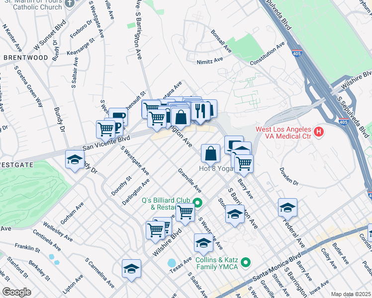 map of restaurants, bars, coffee shops, grocery stores, and more near 11714 Mayfield Avenue in Los Angeles