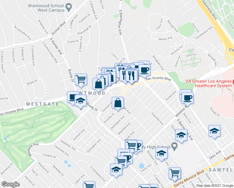 map of restaurants, bars, coffee shops, grocery stores, and more near 11840 Gorham Avenue in Los Angeles