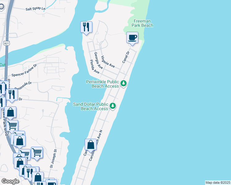 map of restaurants, bars, coffee shops, grocery stores, and more near 1403 Carolina Beach Avenue North in Carolina Beach