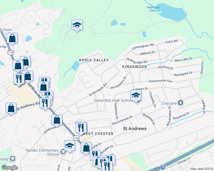 map of restaurants, bars, coffee shops, grocery stores, and more near 1818 Woodsboro Drive in Columbia