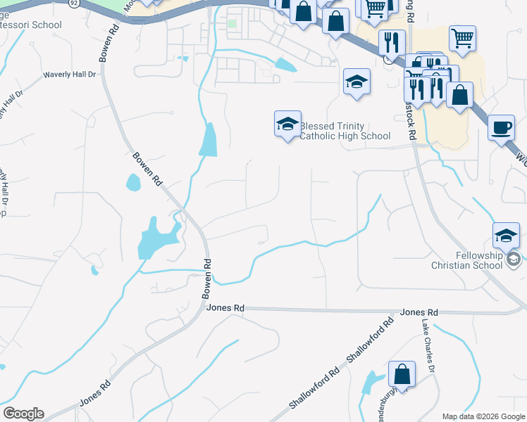 map of restaurants, bars, coffee shops, grocery stores, and more near 11165 Willow Wood Drive in Roswell