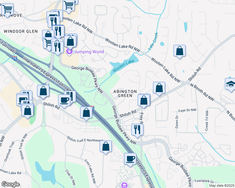 map of restaurants, bars, coffee shops, grocery stores, and more near 4044 George Busbee Parkway Northwest in Kennesaw