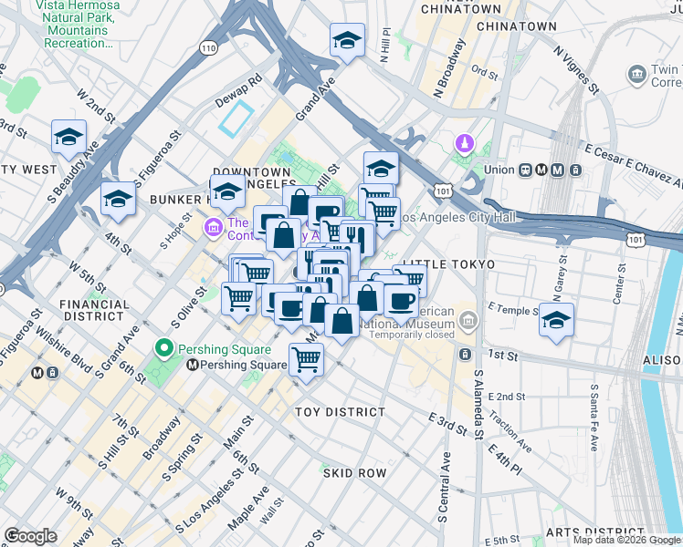 map of restaurants, bars, coffee shops, grocery stores, and more near 100 West 1st Street in Los Angeles