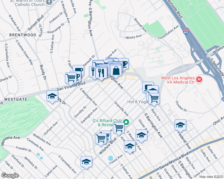 map of restaurants, bars, coffee shops, grocery stores, and more near 11737 Darlington Avenue in Los Angeles
