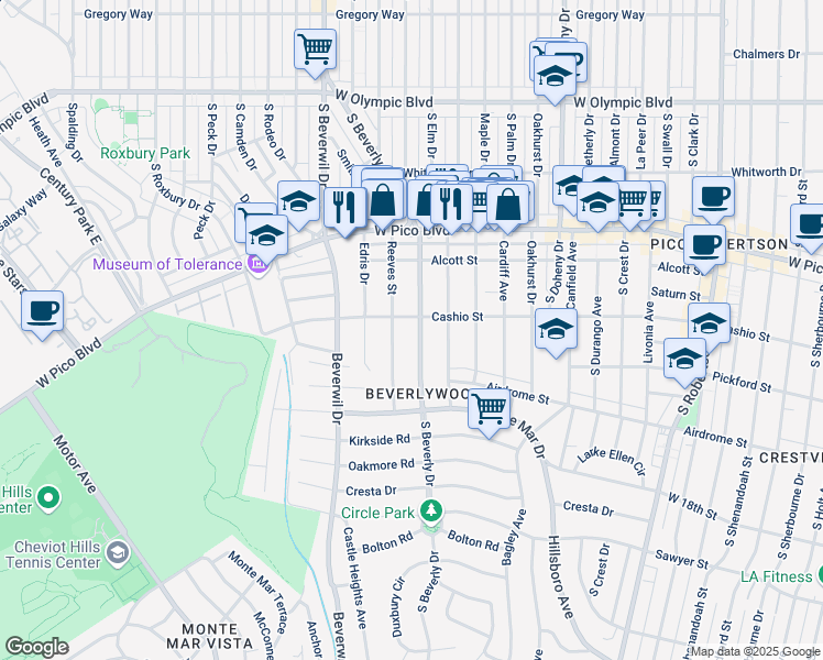 map of restaurants, bars, coffee shops, grocery stores, and more near 1515 South Beverly Drive in Los Angeles