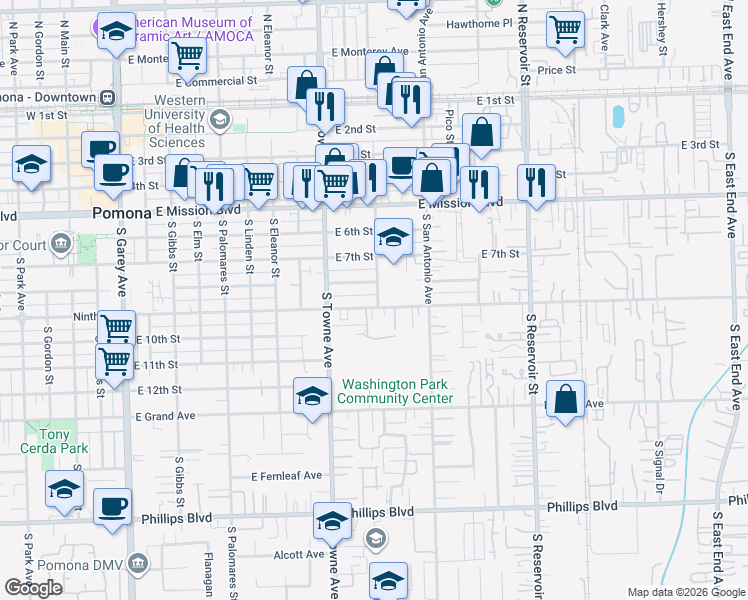 map of restaurants, bars, coffee shops, grocery stores, and more near 895 East 9th Street in Pomona
