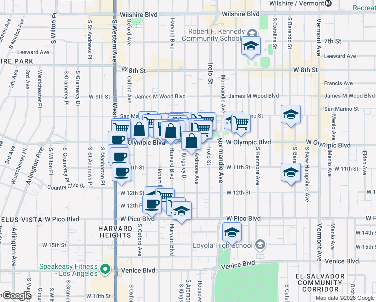 map of restaurants, bars, coffee shops, grocery stores, and more near 1020 South Kingsley Drive in Los Angeles