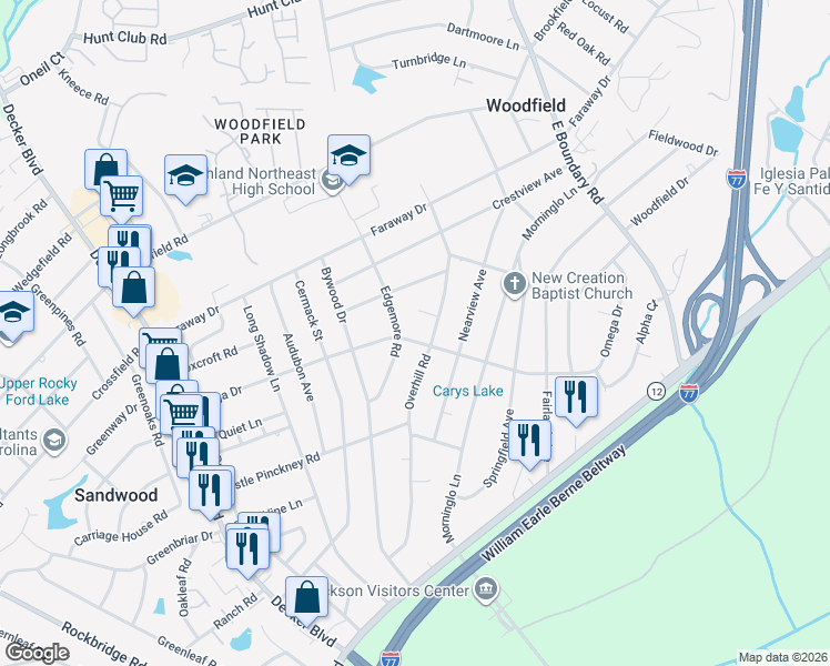 map of restaurants, bars, coffee shops, grocery stores, and more near 1634 Edgemore Road in Columbia