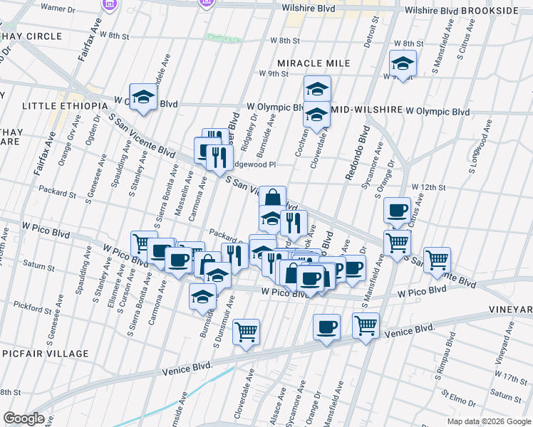 map of restaurants, bars, coffee shops, grocery stores, and more near 1281 South Cochran Avenue in Los Angeles