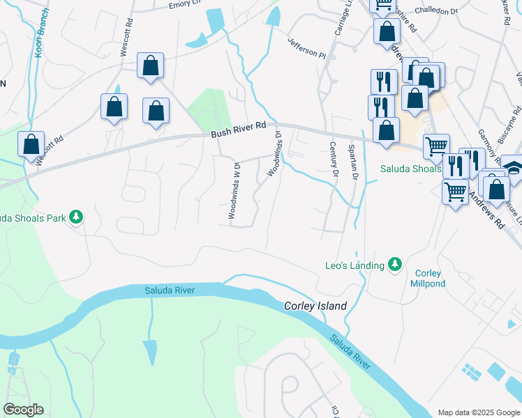 map of restaurants, bars, coffee shops, grocery stores, and more near 235 Woodwinds Drive in Columbia