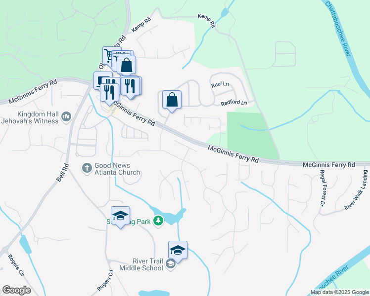 map of restaurants, bars, coffee shops, grocery stores, and more near 975 Blackmar Way in Suwanee