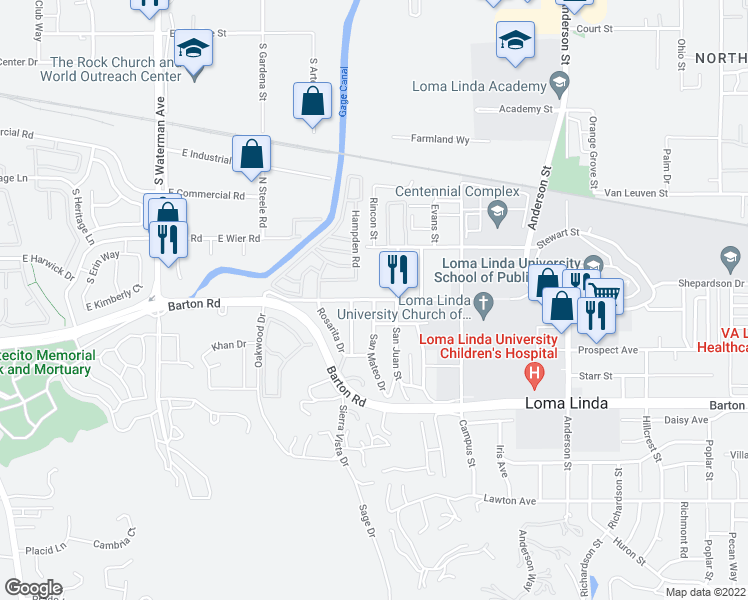 map of restaurants, bars, coffee shops, grocery stores, and more near University Avenue & San Mateo Drive in Loma Linda