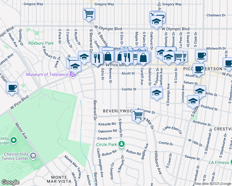 map of restaurants, bars, coffee shops, grocery stores, and more near 1515 South Beverly Drive in Los Angeles
