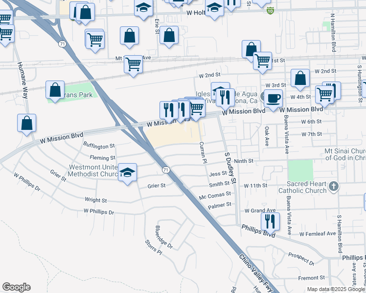 map of restaurants, bars, coffee shops, grocery stores, and more near 1638 Vejar Street in Pomona