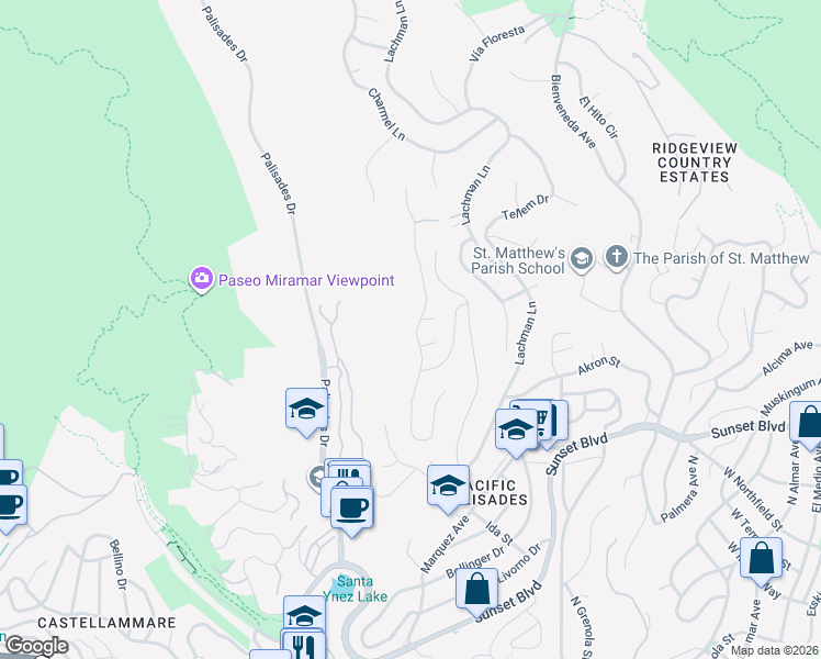 map of restaurants, bars, coffee shops, grocery stores, and more near 831 Enchanted Way in Los Angeles