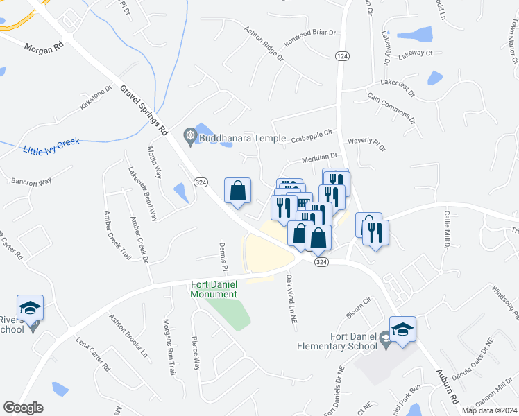 map of restaurants, bars, coffee shops, grocery stores, and more near 2106 Baltic Lane in Dacula