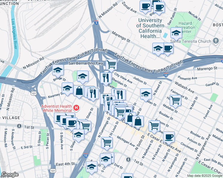 map of restaurants, bars, coffee shops, grocery stores, and more near 640 San Benito Street in Los Angeles