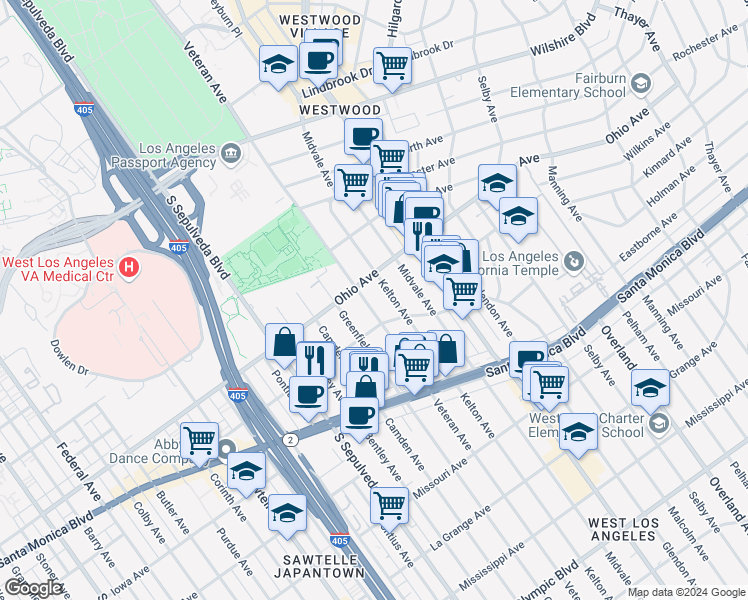 map of restaurants, bars, coffee shops, grocery stores, and more near 1526 Veteran Avenue in Los Angeles