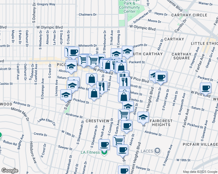 map of restaurants, bars, coffee shops, grocery stores, and more near South Holt Avenue in Los Angeles
