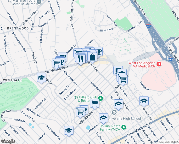 map of restaurants, bars, coffee shops, grocery stores, and more near 11753 Mayfield Avenue in Los Angeles