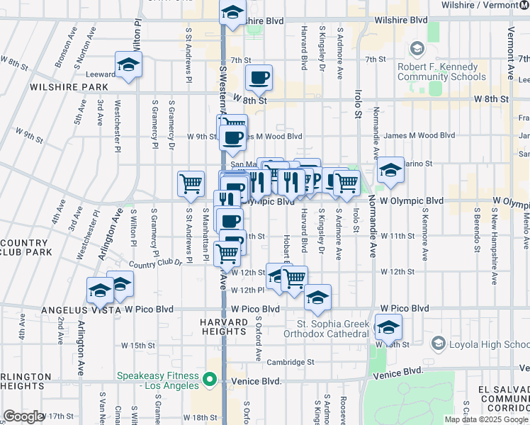 map of restaurants, bars, coffee shops, grocery stores, and more near 1039 South Serrano Avenue in Los Angeles