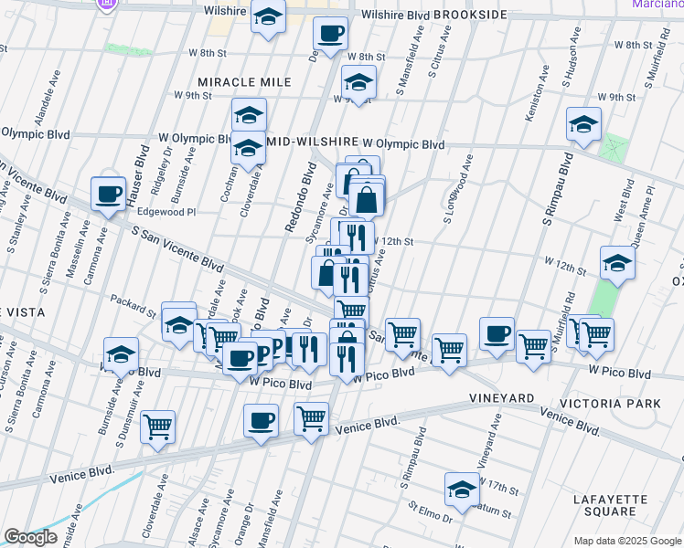 map of restaurants, bars, coffee shops, grocery stores, and more near 1250 South La Brea Avenue in Los Angeles
