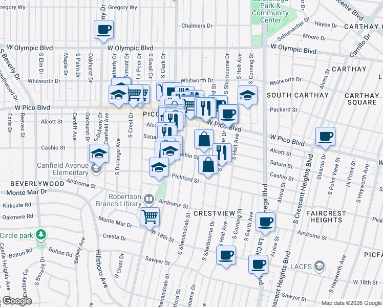 map of restaurants, bars, coffee shops, grocery stores, and more near 1481 Shenandoah Street in Los Angeles