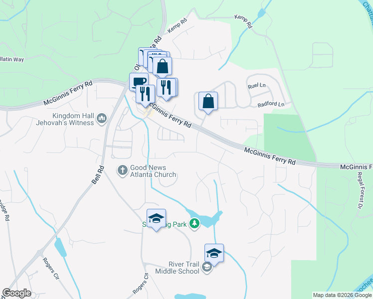 map of restaurants, bars, coffee shops, grocery stores, and more near 7840 Cavendish Place in Suwanee