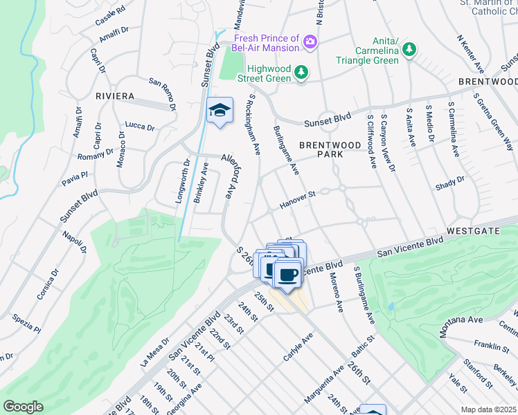 map of restaurants, bars, coffee shops, grocery stores, and more near 250 South Rockingham Avenue in Los Angeles