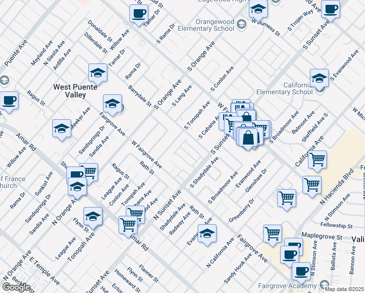 map of restaurants, bars, coffee shops, grocery stores, and more near 1529 Stardust Drive in West Covina