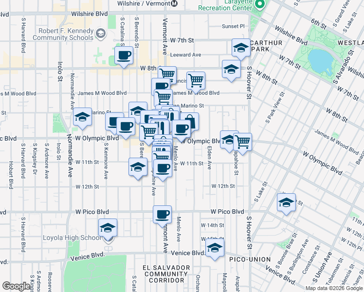 map of restaurants, bars, coffee shops, grocery stores, and more near 2666 West Olympic Boulevard in Los Angeles