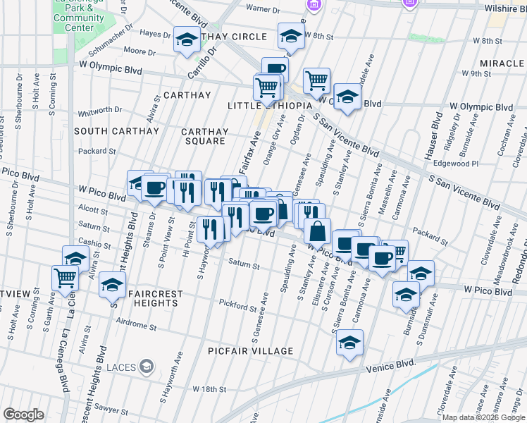 map of restaurants, bars, coffee shops, grocery stores, and more near 1333 South Ogden Drive in Los Angeles
