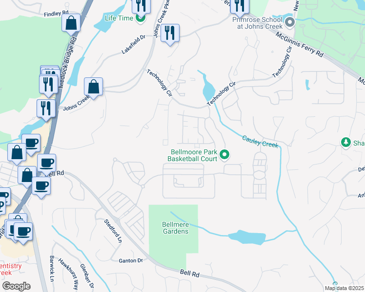 map of restaurants, bars, coffee shops, grocery stores, and more near 6106 Brookhaven Circle in Duluth