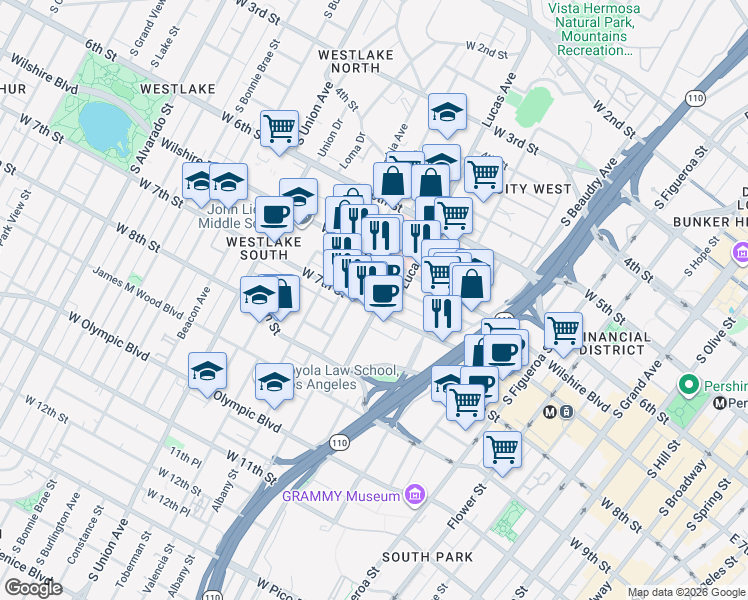 map of restaurants, bars, coffee shops, grocery stores, and more near 1221 West 7th Street in Los Angeles