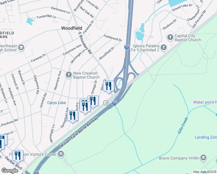 map of restaurants, bars, coffee shops, grocery stores, and more near 1805 East Boundary Road in Columbia