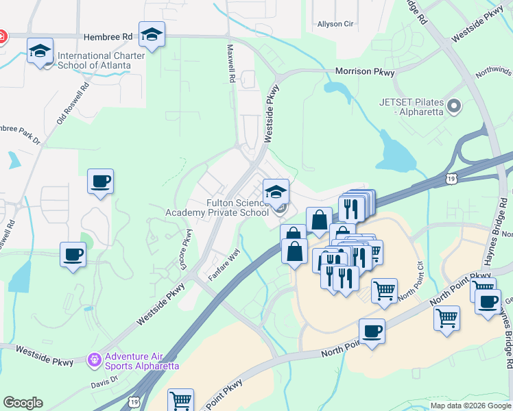 map of restaurants, bars, coffee shops, grocery stores, and more near 11279 Calypso Drive in Alpharetta