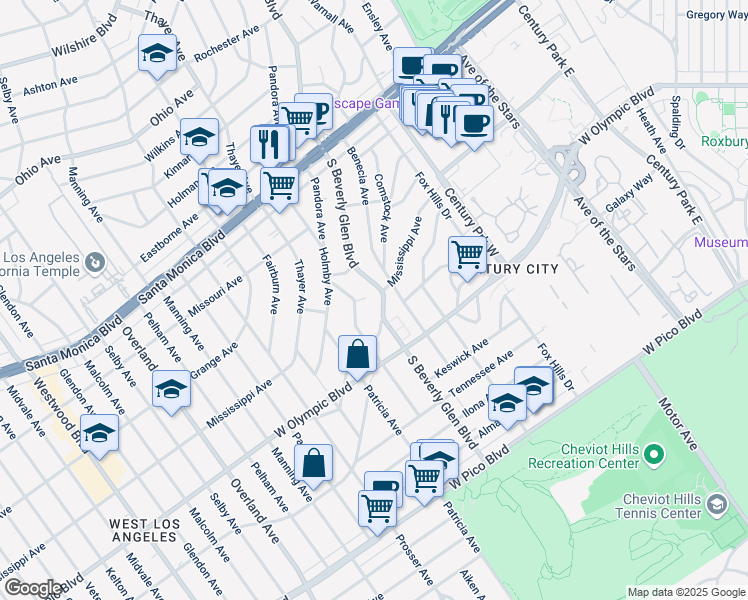 map of restaurants, bars, coffee shops, grocery stores, and more near 2111 South Beverly Glen Boulevard in Los Angeles