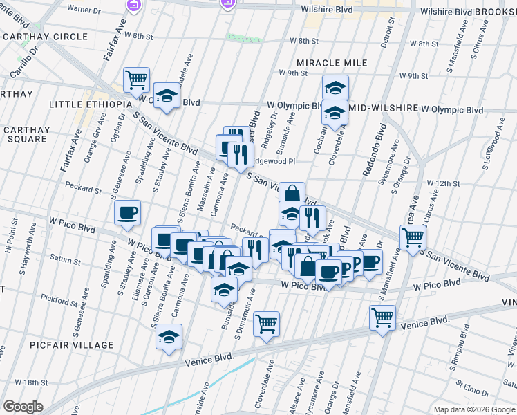 map of restaurants, bars, coffee shops, grocery stores, and more near 1249 Burnside Avenue in Los Angeles