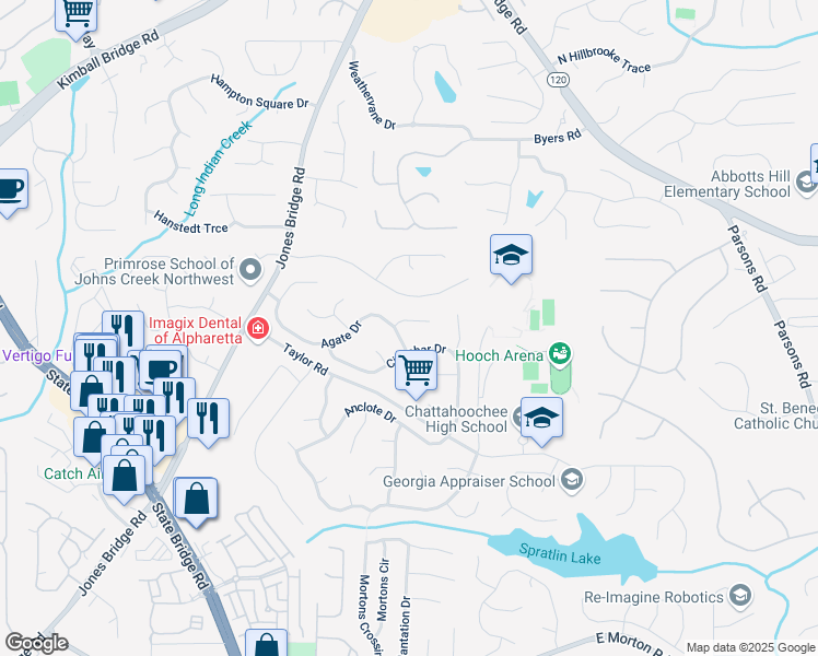 map of restaurants, bars, coffee shops, grocery stores, and more near 5020 Cinnabar Drive in Alpharetta