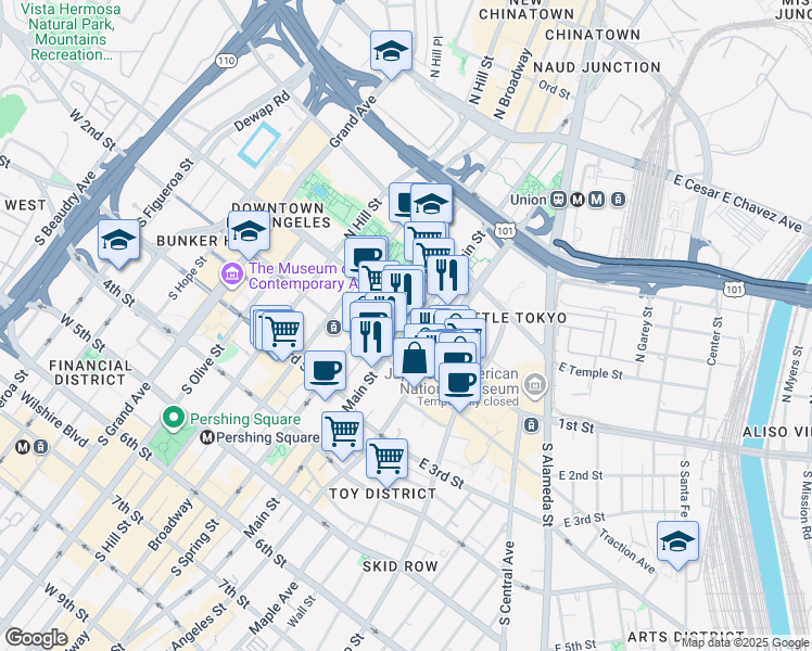 map of restaurants, bars, coffee shops, grocery stores, and more near 100 Main Street in Los Angeles