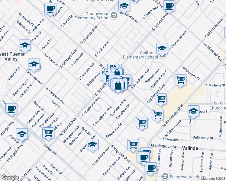 map of restaurants, bars, coffee shops, grocery stores, and more near 1227 West Windsor Street in West Covina