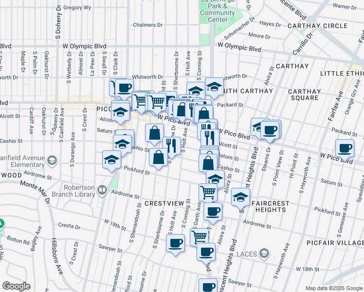 map of restaurants, bars, coffee shops, grocery stores, and more near 1482 South Holt Avenue in Los Angeles