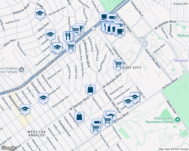 map of restaurants, bars, coffee shops, grocery stores, and more near 2111 South Beverly Glen Boulevard in Los Angeles