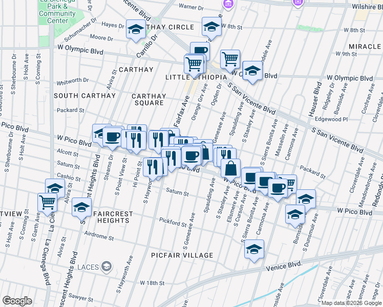 map of restaurants, bars, coffee shops, grocery stores, and more near 1333 South Ogden Drive in Los Angeles