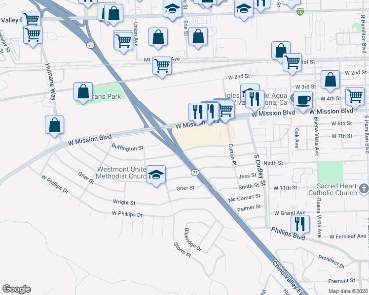 map of restaurants, bars, coffee shops, grocery stores, and more near 1693 Vejar Street in Pomona