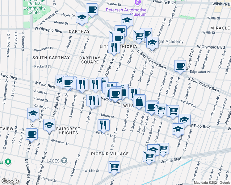 map of restaurants, bars, coffee shops, grocery stores, and more near 1333 South Ogden Drive in Los Angeles