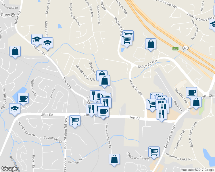 map of restaurants, bars, coffee shops, grocery stores, and more near 2238 Dresden Green in Kennesaw