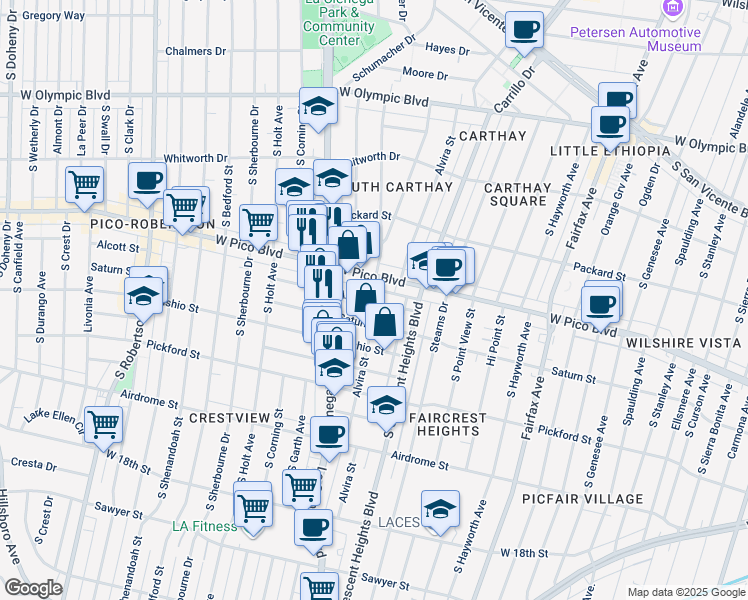 map of restaurants, bars, coffee shops, grocery stores, and more near 1444 Alvira Street in Los Angeles