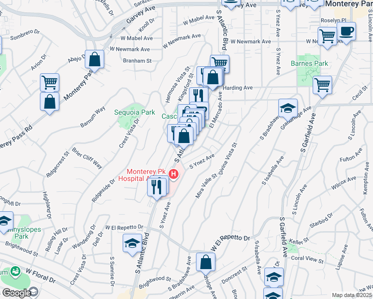 map of restaurants, bars, coffee shops, grocery stores, and more near 842 El Mercado Avenue in Monterey Park